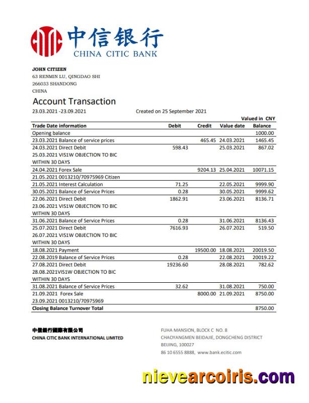 China Citic Bank Corp bank statement easy to fill in Excel and PDF format